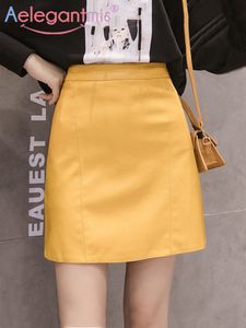 Skirts Aelegantmis Summer Fashion Elegant Women Pu Leather Skirt Casual High Waist Mini Skirt Ladies A-line Short Skirts Black Yellow 230301