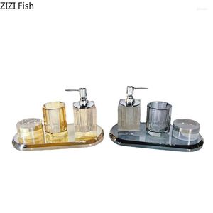 Badtillbehör Set Crystal Glass Toalettety Kit Four-Piece Soap Dispenser Mouthwash Cup Dish With Tray El Home Badrumstillbehör