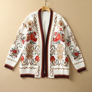 Spring Long Sleeve V Neck White Sweater Paisley Print Knitted Embroidery Panelled Cardigan Fashion Sweaters Coats 21D161103