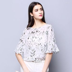 Kvinnors blusar Silk Crepe Women Shirt Pure Natural Fabric Arrival Office Lady Long Sleeve Printed Leaf