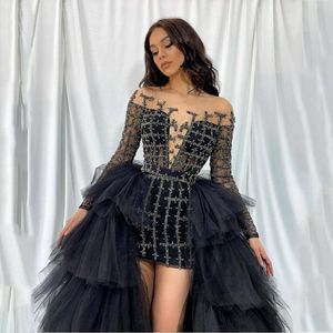 Party Dresses Black High Quality Prom Long Sleeves Off The Shoulder Low Tulle Layered Ball Gown Women Formal Evening Gowns