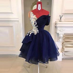 Abiti da festa Blu Navy Corto Tulle Prom Abito da ballo gonfio senza maniche Aso Ebi Immagine reale Abiti da donna Pizzo bianco Cryatals Plus Size