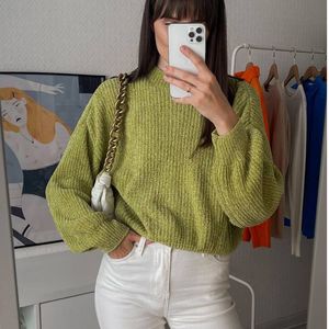 Kvinnors tröjor Hirsionsan förtjockar Crop Chenille tröja kvinnor koreansk lykta ärm stickad pullover mjuk varm solid kvinnlig korthoppare 230301