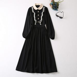 2023 Spring Black Contrast Color Panelled Dress Long Sleeve Peter Pan Neck Buttons Midi Casual Dresses S3F281130 Plus Size XXL