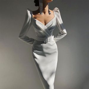 فساتين غير رسمية Adyce Summer Women Elegant White Long Sleeve Midi Club Dress 2023 Sexy v أزياء أزياء حزام المشاهير في المساء