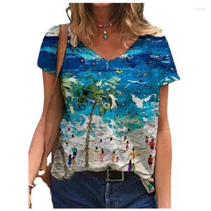 女性用Tシャツ2023夏の女性3Dボートプリントシャツの女性カジュアルファッション半袖vネックルーズストリートトップ