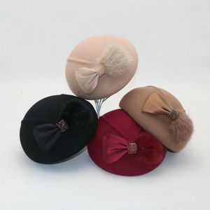 Berets 202309-chen Drop Mink Rhinestone Bow Styling Wool Felt Lady Beret Hat Women Leisure Painter