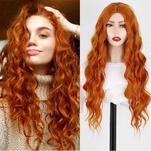 Orange wig female small front lace wig water wavy wig chemical fiber long curly hair cap 230301