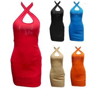 Casual Dresses Women Summer Criss Cross Halter Neck Sleeveless Mini Bodycon Dress Sexy Hollow Out Backless Solid Color Package Hip Ribbed