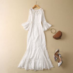 2023 Spring White Floral Lace Mermaid Dress 3/4 Sleeve V-Neck Long Casual Dresses S3F280216 Plus Size XXL