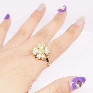 Cluster Rings Four-leaf Clover Rotating Micro-set Zircon Ring Female Super Fairy Fashion Personality Temperament Open