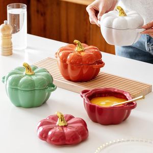 Ciotole Cucina Porridge per bambini Ciotola per zuppa Pentola per stufato Forma di zucca in ceramica Cottura binaurale con coperchio Contenitore per dessert di frutta