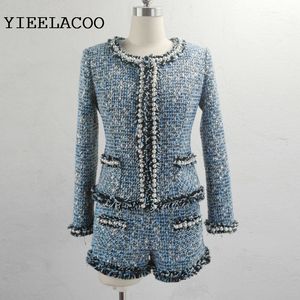 Women's Two Piece Pants Blue tweed jacket shorts suit beaded spring autumn women's coat office slim advanced customization Heavy 230228