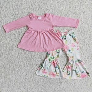 Giyim setleri çocuklar kız bebek kız butik kıyafeti uzun kollu pembe düz renkli gömlek çiçek zili tabanlı pantolon şık kıyafetler