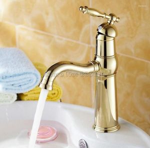 Bathroom Sink Faucets Polished Luxury Gold Color Brass Single Hole Deck Mounted Swivel Spout Basin Faucet & Kitchen Mixer Taps Wnf296