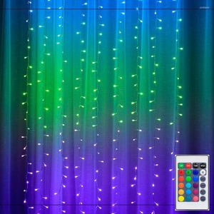 Strängar 3x3m 280 LED RGB Färg Juls fairy Curtain Icicle Light USB med avlägsna fönsterlampor för bröllopsfestväggdekor