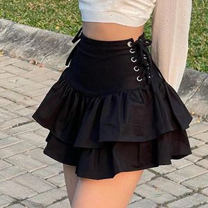 Kjolar gotiska svart hög midja en linje kort kjol 2023 sommar höstkvinnor slips båge ruffles veckade student alla matcher mini