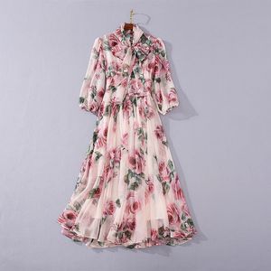 Primavera 3/4 de manga redonda vestido rosa estampado floral chiffon tize tize com painéis de arco de painnchado no meio da panela elegante vestidos casuais 21d160723