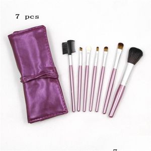 Makeup Brushes 7 PCS Purple Make Up Leather Bag Sier Pink Gold Brown Black Wood Brush Släppleverans Health Beauty Tools Accessories Dhoma