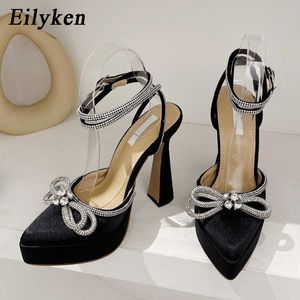 Dress Shoes Eilyken New Spring Ankle Buckle Strap Woman Pumps Sexy Design Satin Butterflyknot Wedding Prom High Heel Mules ShoesL230227