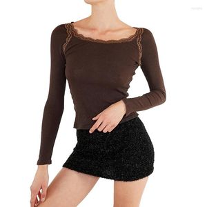 Women's T Shirts Women Pullover Goth Grunge Fairy E-Girl Eesthetic T-shirts Casual Slim Fit Lace Trim Long Sleeve Crop Tops Streetwear