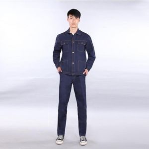 Gym Clothing 2Pcs/Set Long Sleeve Washed Work Men Flame Retardant Safe Denim Jacket Trousers Set Pants Training