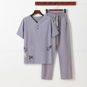 Ethnic Clothing Linen Zen Tee Tops Pants Uniform Oriental Fashion Casual Loose T-shirt Chinese Retro Style Tang Suit Men