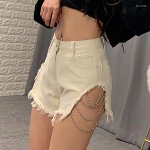 Pantaloncini da donna Summer Skinny 2023 Women Blue Hole Vita alta Streetwear Bottoms Sexy Club Frangia Denim Jeans corti Catena Lace Up