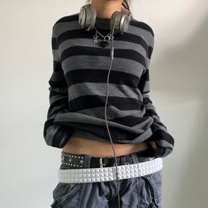 Women Fairy Grunge Knit Basic Shirt Autumn Y2K Grey Black Striped Long Sleeve Round Neck Tops Emo Tee 230301