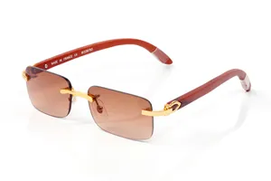 Gafas de sol de diseñador para hombre Gafas de sol sin marco Marco óptico Cabeza de melocotón Compuesto de metal dorado Cuerno de búfalo Gafas de sol Rectangulares clásicas de madera para mujer