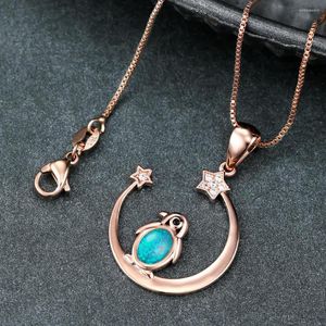 Pendant Necklaces Cute Rose Gold Color Moon Star Penguin Necklace For Women With White Blue Opal Stone Banquet Birthday Dainty Jewelry