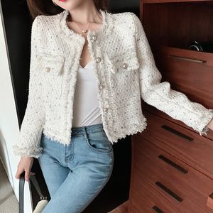 Womens Jackets Arrival Short Tweed Coat Oneck Singlebreasted Tassel Slim Plaid Jacket Outwear Fashion 230301