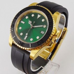 Wristwatches 40mm Green Luxury Men Watch 316L Steel Gold Case 24 Jewels NH35 MIYOTA 8215 Brushed Rubber Strap Sapphire Automatic Screw Crown
