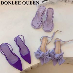 Отсуть туфли Женская сандалии с флипфлоп -сандалиями Женщины Stiletto Open Toe Purple Bow Knot High Heels 2022 Модная римская сандалия элегантная мула Slidel230301