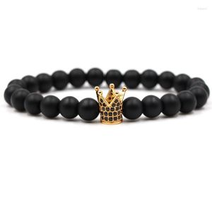 Strand Micro Pave Black CZ Zirconia Gold-Color King Crown Bracciale Uomo Dull Polish Matte Stone Bead Bracciali per gioielli da donna