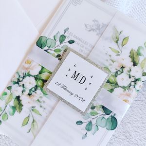 Andere Event-Partyzubehör 50X Hochzeitseinladungen mit grünen Blumen und silbernem Glitzeranhänger, Pergamentpapier, druckbare Einladungen für die Brautparty, Geburtstag, 230228