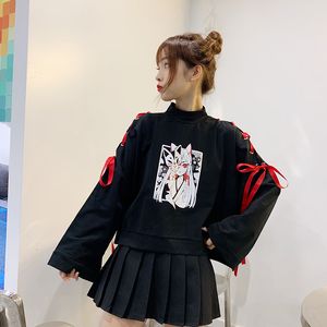 女性のフーディスウィートシャツ奇妙なフレーバーかわいい秋のコート女の子日本のフーディーハラジュクハーバースタイル春の服学生長袖薄beltフォックスプリントトップ