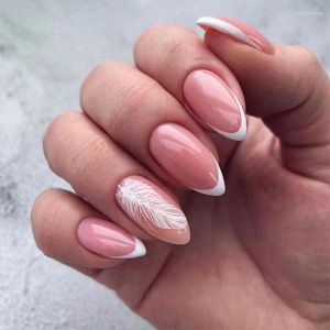 False unhas White Feather Design Wearable Nail Art Simples French Long Stiletto acabou com a imprensa com cola por atacado