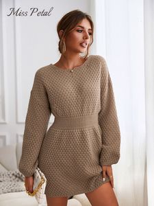 Damenpullover MISS PETAL Honeycomb Knit Brown Sweater Dress Frau Casual Langarm Langes Pulloverkleid Herbst Winter Pullover Oberbekleidung 230301