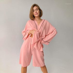 Kvinnors sömnkläder Hiloc Batwing Sleeve Robes Pyjama Set kostymer med shorts Loose Robe Set Woman 2 Pieces Autumn Bathrobes Ruched Nightie