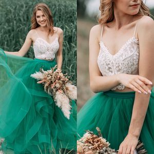 Bohemian Pufley A-Line Ruffles Свадебное платье 2 штуки из слоновой кости и охотники с длинными свадебными платьями кружев