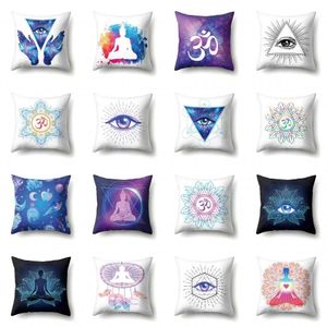 Interiördekorationer 45x45Pillow Case Home Decoration Buddha Statue Cushion Eye Meditation Yoga Mandala Spiritual Tattoo Polyester Pillow Cover R230228