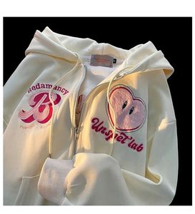 Kvinnors hoodies tröjor broderier brev kvinnor hösten retro överdimensionerad lös dragkedja hooded casual långärmad hoodie streetwear 230301