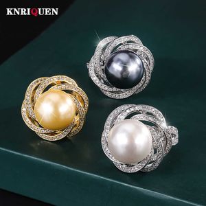 Cluster Rings Luxury 14MM White Black Big Pearl Adjustable Flower Rings for Women Lab Diamond Cocktail Party Fine Jewelry Statement Wholesale G230228