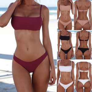 Women's Swimwear Solid Color Women Padded Wireless Strap Bra Briefs Beach Bikini Set Ropa Verano Mujer Playa Cover Up