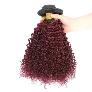 1B/Bourgogne ombre hårförlängningar 1B 99J Brasiliansk kinky lockigt hårväv rött remy ombre mänskligt hår 3 4 buntar