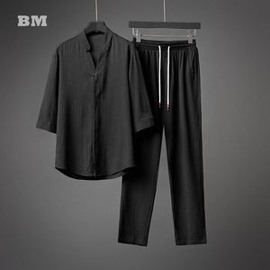 Men's Tracksuits Chinese Style Ice Silk Linen Two Piece Suit Summer Thin Short Sleeve T Shirt Plus Size Trousers Harajuku Oversized Clothes