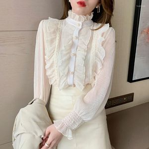 Bloups feminina Moda elegante Mulheres luxuosas do escritório de escritórios camisa branca Casamento com babados de babados de babados camisas femininas