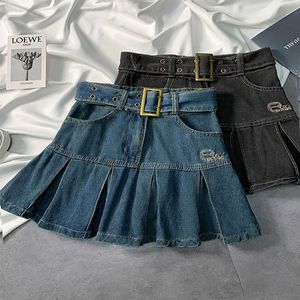 Skirts Spring Autumn Girls Pleated Skirt Baby Denim Skirt Kids Skort Children Fashion Bottoms Letter Embroidery Waist Belt 3-14Y T230301