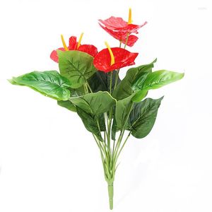 Fiori decorativi 50 cm 18 teste Anthurium artificiale Foglie verdi rosse Casa Camera da letto Soggiorno Balcone Decorazione Piante finte Fiore Bonsai